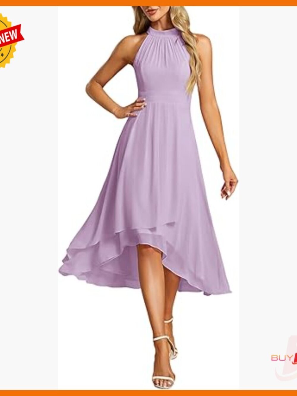 Halter Neck Hi-Lo Chiffon Formal Dress with Pleated Sleeves